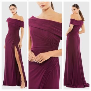 New MAC DUGGAL (4) 26517 Purple (Eggplant) Fold-over Off-the-Shoulder Slit Gown
